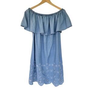 Old Navy Off Shoulder Ruffle Denim Dress Blue Women Size M Flowy Casual Summer
